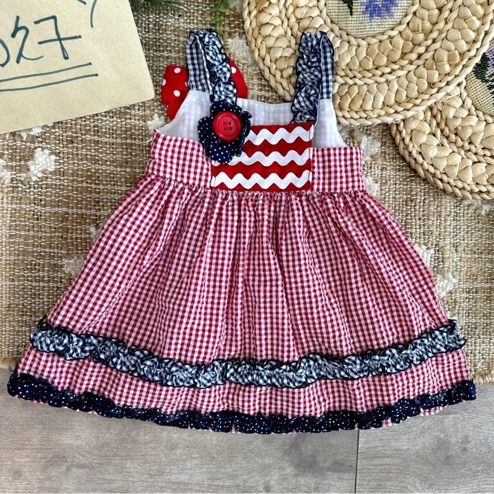 Bonnie Baby Girl’s 4th of July Gingham Dress Red White Blue Ruffle Patriotic